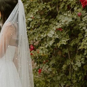 Chapel length 89” ivory veil with pearl detailing